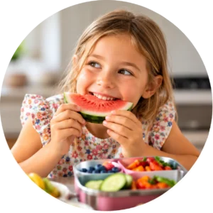 Young girl enjoying a slice of watermelon with a colourful lunchbox in front of her