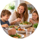 Mother and children enjoying a healthy family meal together
