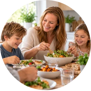 Mother and children enjoying a healthy family meal together