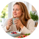 Woman enjoying breakfast and a warm drink at home