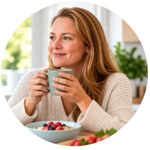 Woman enjoying breakfast and a warm drink at home