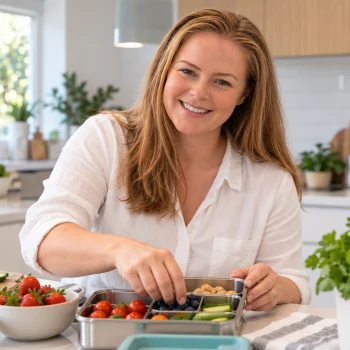 Rachel Surridge, Clinical Nutritionist and founder of Busy Families Nutrition, preparing a lunchbox in her kitchen