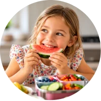 Young girl enjoying a slice of watermelon with a colourful lunchbox in front of her
