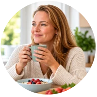 Woman enjoying breakfast and a warm drink at home