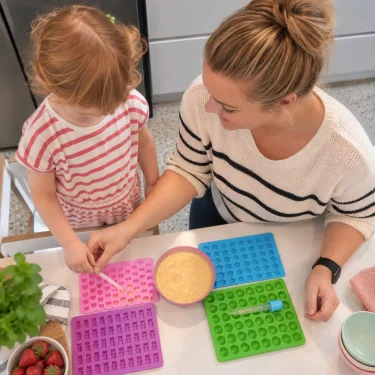 Mother helping her young daughter fill colourful silicone moulds while preparing homemade food