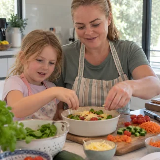 Mother and young daughter preparing a meal together with fresh vegetables in the kitchen